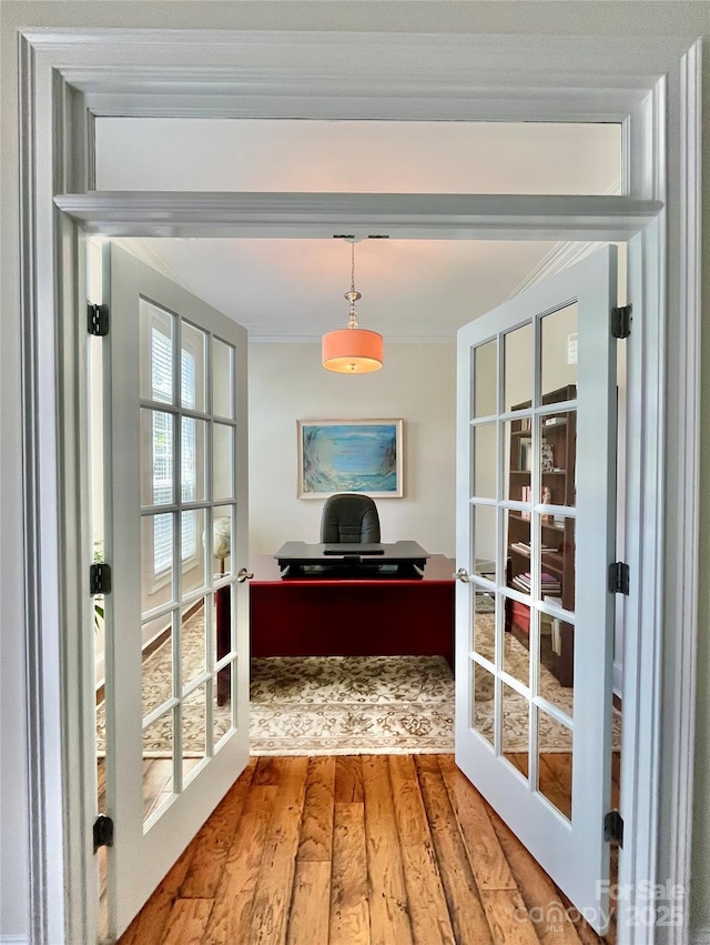 1025 N Sharon Amity Rd, Charlotte, NC 28211 - office area with french doors, wood finished floors, and crown molding