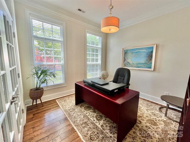 1025 N Sharon Amity Rd, Charlotte, NC 28211 - home office featuring plenty of natural light, wood-type flooring, baseboards, ornamental molding, and french doors