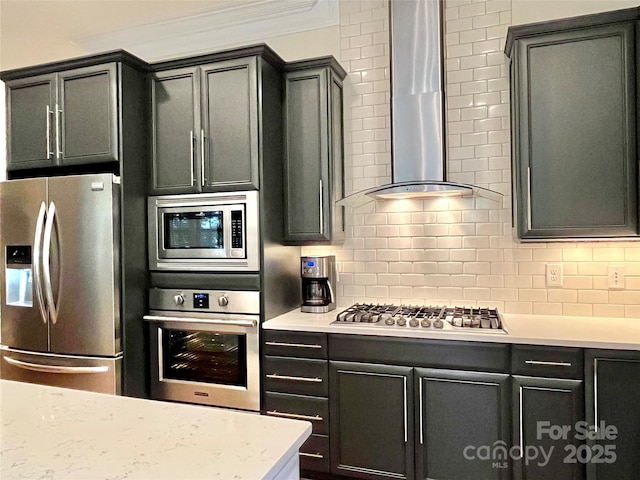 1025 N Sharon Amity Rd, Charlotte, NC 28211 - kitchen featuring stainless steel appliances, wall chimney exhaust hood, tasteful backsplash, and crown molding