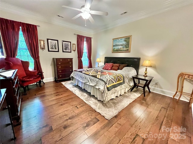 1025 N Sharon Amity Rd, Charlotte, NC 28211 - bedroom featuring hardwood / wood-style floors, baseboards, ornamental molding, and a ceiling fan