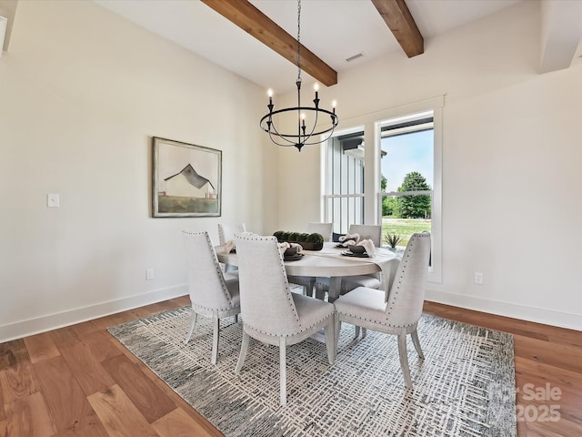 1172 Springlake Rd, York, SC 29745 - dining room featuring a chandelier, beamed ceiling, wood finished floors, and baseboards