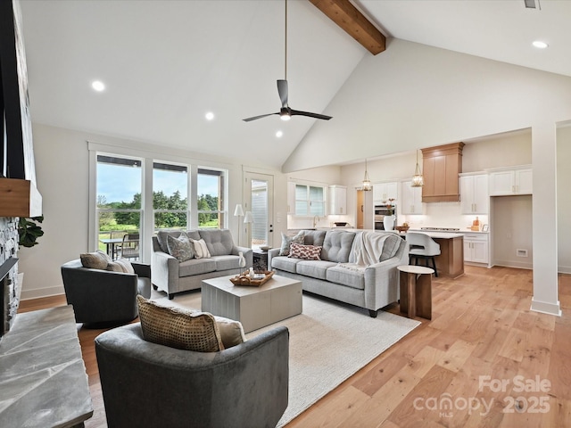 1172 Springlake Rd, York, SC 29745 - living area featuring high vaulted ceiling, beamed ceiling, ceiling fan, light wood-style flooring, and recessed lighting