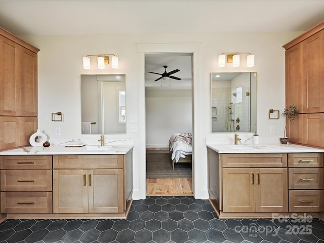 1172 Springlake Rd, York, SC 29745 - ensuite bathroom with a stall shower, two vanities, ceiling fan, and tile patterned floors