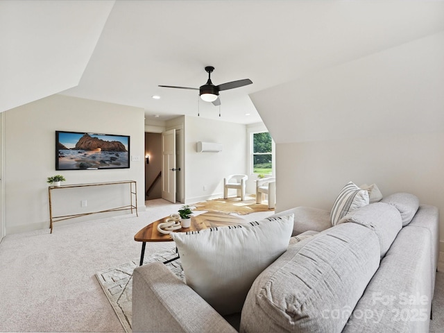 1172 Springlake Rd, York, SC 29745 - living area with a ceiling fan, light carpet, lofted ceiling, recessed lighting, and a wall mounted AC