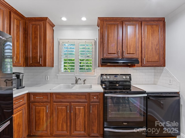 17835 Terryglass Ln, Charlotte, NC 28278 - kitchen featuring black appliances, a sink, under cabinet range hood, light countertops, and crown molding
