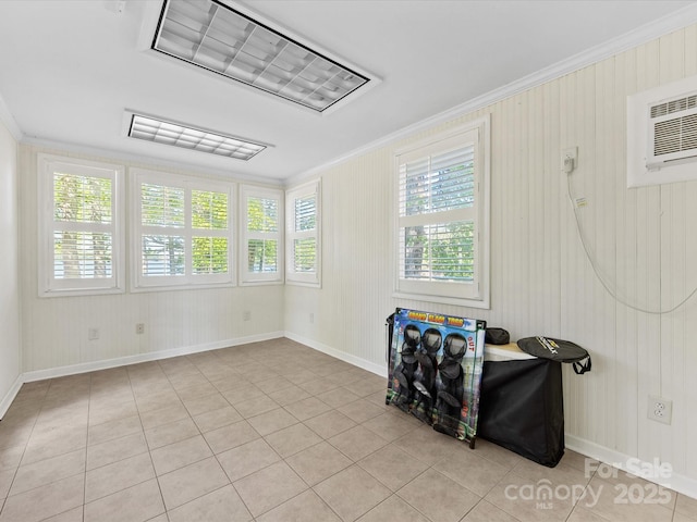 17835 Terryglass Ln, Charlotte, NC 28278 - sunroom featuring ornamental molding, healthy amount of natural light, baseboards, tile patterned floors, and a wall mounted air conditioner