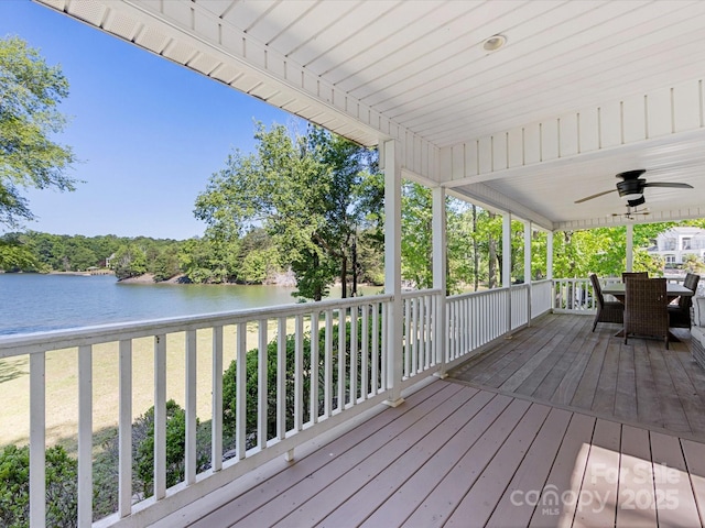 17835 Terryglass Ln, Charlotte, NC 28278 - wooden deck with a water view, a ceiling fan, and outdoor dining space