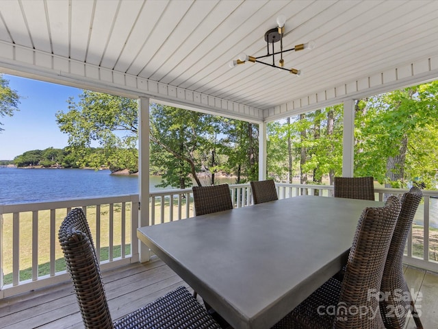17835 Terryglass Ln, Charlotte, NC 28278 - wooden terrace featuring a water view, outdoor dining area, and ceiling fan