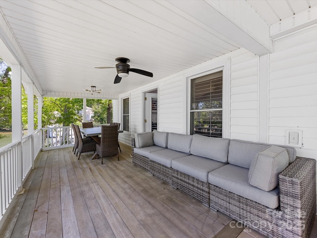 17835 Terryglass Ln, Charlotte, NC 28278 - wooden deck with outdoor lounge area, outdoor dining space, and a ceiling fan