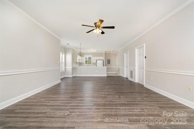 8969 Meadow Vista Rd, Charlotte, NC 28213 - unfurnished living room featuring ceiling fan, ornamental molding, dark wood-type flooring, and baseboards