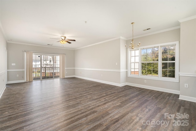 8969 Meadow Vista Rd, Charlotte, NC 28213 - unfurnished room featuring a chandelier, dark wood finished floors, plenty of natural light, a ceiling fan, and crown molding