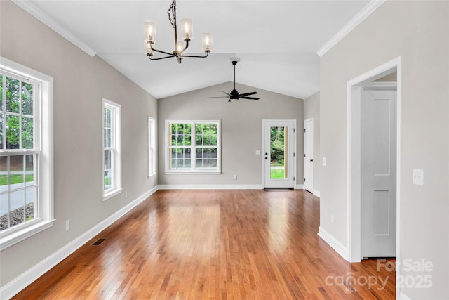 160 Wayne Gobble Rd, Linwood, NC 27299 - unfurnished room with a chandelier, light wood finished floors, a ceiling fan, baseboards, and lofted ceiling