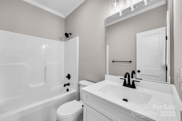 160 Wayne Gobble Rd, Linwood, NC 27299 - bathroom featuring toilet, vanity, ornamental molding, and shower / tub combination