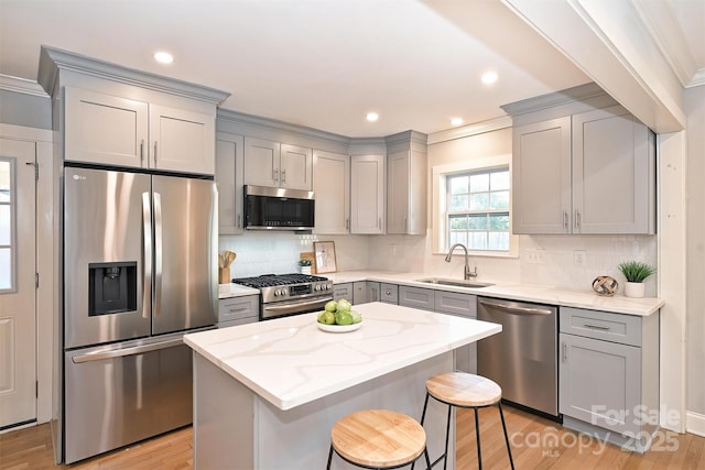 532 Scaleybark Rd, Charlotte, NC 28209 - kitchen with appliances with stainless steel finishes, gray cabinetry, a sink, light wood finished floors, and crown molding
