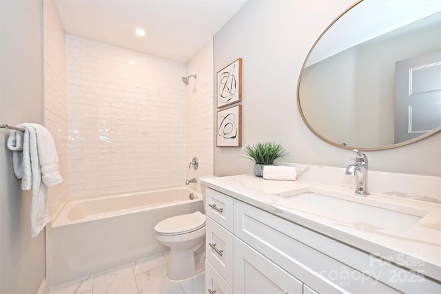 532 Scaleybark Rd, Charlotte, NC 28209 - bathroom featuring vanity, toilet, marble look tiles,  shower combination, and recessed lighting