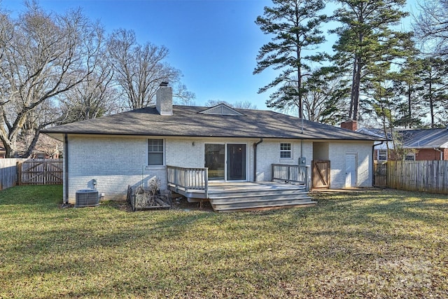 532 Scaleybark Rd, Charlotte, NC 28209 - back of property with a chimney, brick siding, central AC unit, and a wooden deck