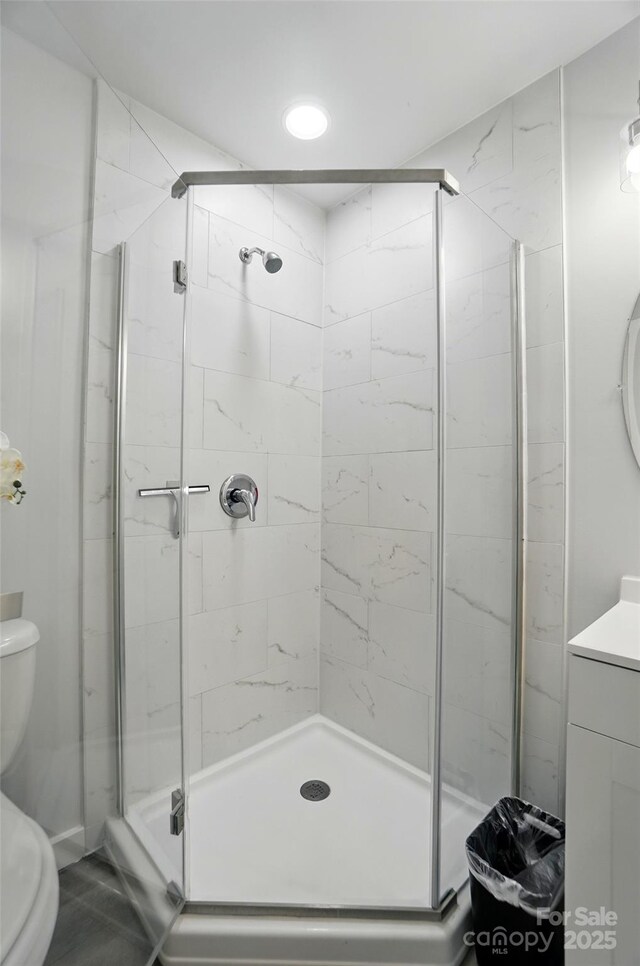 13821 David St, Huntersville, NC 28078 - full bathroom with toilet, a shower stall, and vanity