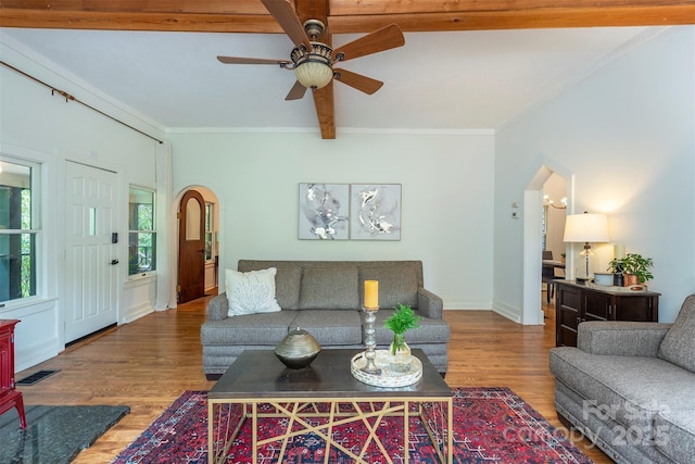528 Padgettown Rd, Black Mountain, NC 28711 - living room with arched walkways, wood finished floors, a ceiling fan, crown molding, and baseboards
