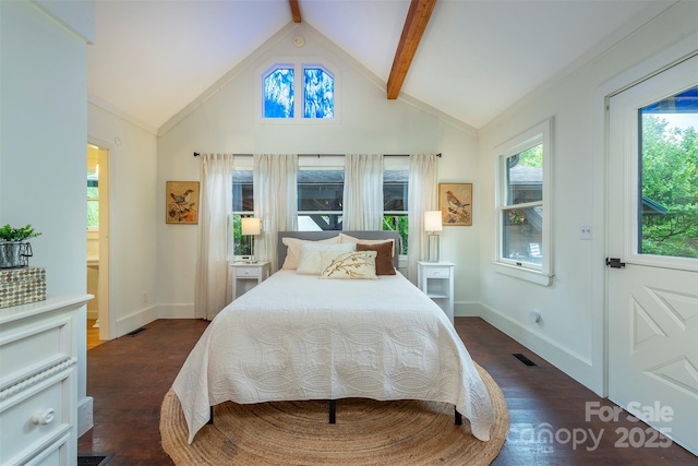 528 Padgettown Rd, Black Mountain, NC 28711 - bedroom featuring dark wood-style flooring, baseboards, beam ceiling, and high vaulted ceiling