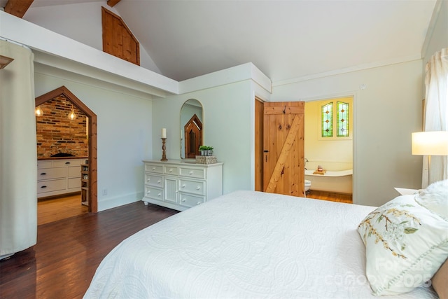 528 Padgettown Rd, Black Mountain, NC 28711 - bedroom with dark wood-style flooring, high vaulted ceiling, arched walkways, and connected bathroom