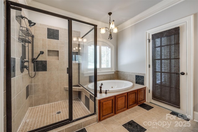 546 Little Cove Ln, Lake Wylie, SC 29710 - full bathroom featuring a bath, a shower stall, tile patterned floors, crown molding, and a chandelier