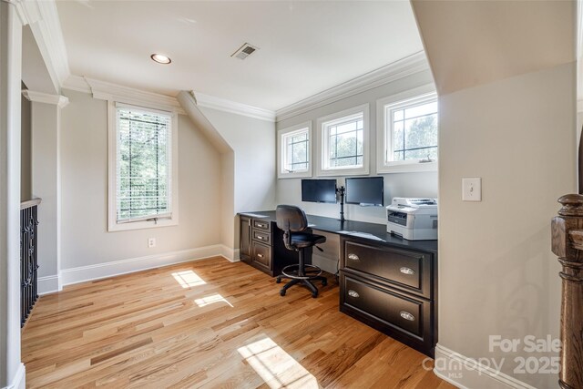 546 Little Cove Ln, Lake Wylie, SC 29710 - office space with ornamental molding, light wood-style flooring, baseboards, and recessed lighting
