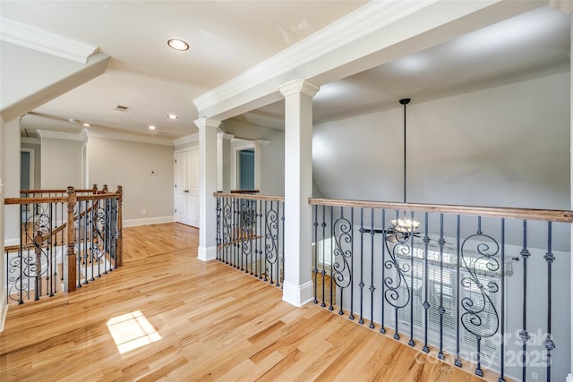 546 Little Cove Ln, Lake Wylie, SC 29710 - corridor featuring an upstairs landing, ornamental molding, wood finished floors, recessed lighting, and baseboards
