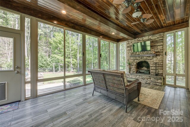 546 Little Cove Ln, Lake Wylie, SC 29710 - sunroom featuring a ceiling fan and an outdoor living space with a fireplace