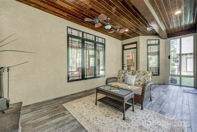 546 Little Cove Ln, Lake Wylie, SC 29710 - living room featuring a textured wall, wood finished floors, and wood ceiling with exposed beams