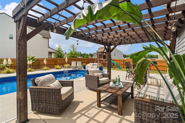 3092 Riker St, Clover, SC 29710 - view of pool featuring a playground, a fenced backyard, a pergola, and an outdoor hangout area