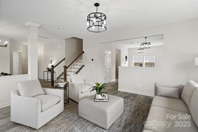 3092 Riker St, Clover, SC 29710 - living room with a chandelier, wood finished floors, and stairs