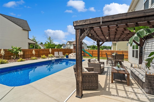 3092 Riker St, Clover, SC 29710 - view of swimming pool with an outdoor hangout area, a pergola, a fenced backyard, and a patio area