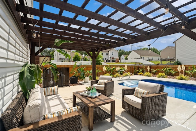 3092 Riker St, Clover, SC 29710 - fenced backyard with outdoor lounge area, a pergola, a residential view, and a patio area