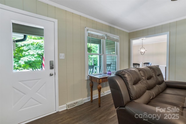 2434 Olewoods Ct, Rock Hill, SC 29732 - living area featuring crown molding, plenty of natural light, dark wood-style flooring, a chandelier, and baseboards