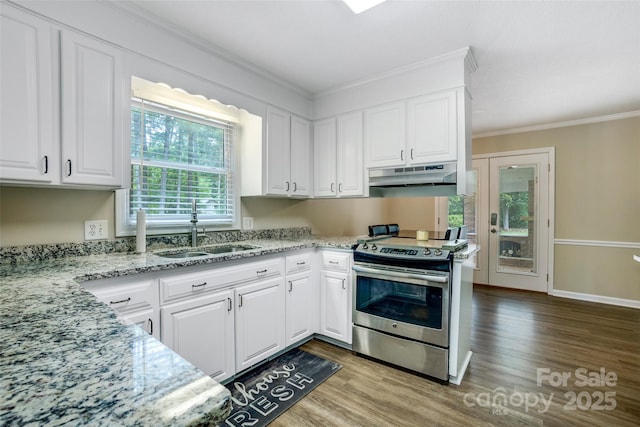 2434 Olewoods Ct, Rock Hill, SC 29732 - kitchen with stainless steel electric range, under cabinet range hood, a sink, wood finished floors, and ornamental molding