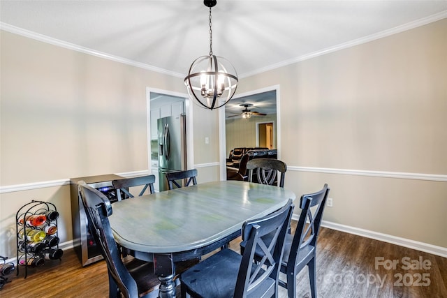 2434 Olewoods Ct, Rock Hill, SC 29732 - dining room featuring a chandelier, dark wood-style floors, ceiling fan, ornamental molding, and baseboards