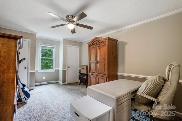 2434 Olewoods Ct, Rock Hill, SC 29732 - sitting room featuring light colored carpet, a ceiling fan, an office area, ornamental molding, and baseboards