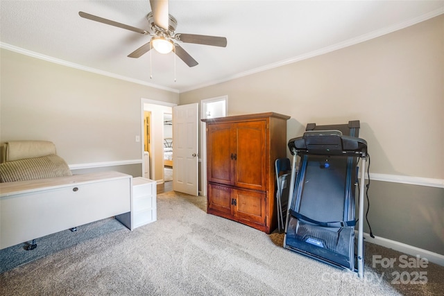 2434 Olewoods Ct, Rock Hill, SC 29732 - bedroom with light carpet, crown molding, baseboards, and a ceiling fan