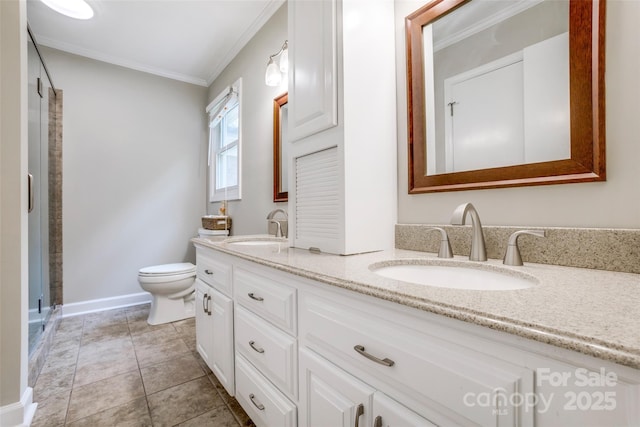 2434 Olewoods Ct, Rock Hill, SC 29732 - full bath featuring double vanity, crown molding, toilet, a stall shower, and baseboards