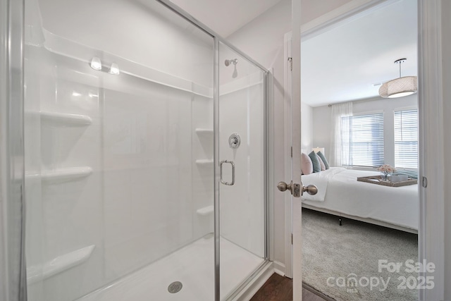240 Briana Marie Way, Indian Trail, NC 28079 - bathroom featuring connected bathroom, a stall shower, and wood finished floors