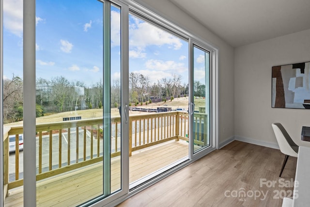 3236 Drift St Unit 58End, Charlotte, NC 28278 - entryway featuring wood finished floors, baseboards, and view of wooded area