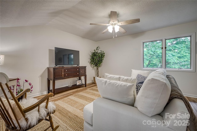 206 Independence Trl, Morganton, NC 28655 - living area with wood finished floors, a textured ceiling, a ceiling fan, vaulted ceiling, and baseboards