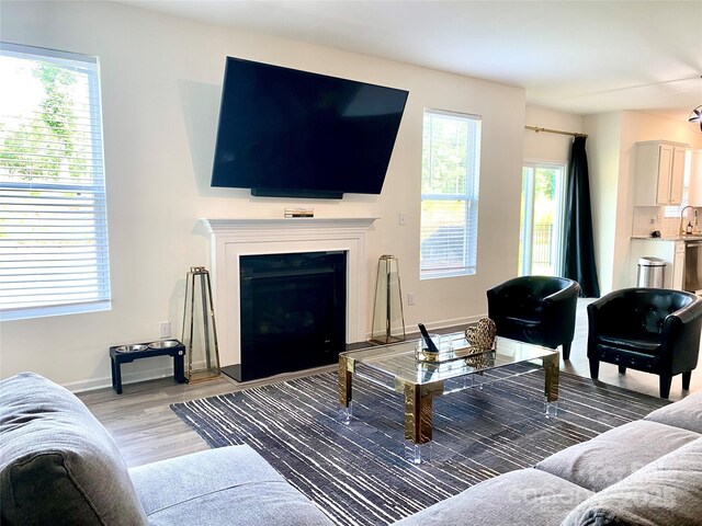 7024 Wheyfield Dr, Charlotte, NC 28215 - living area with light wood-type flooring, baseboards, and a fireplace