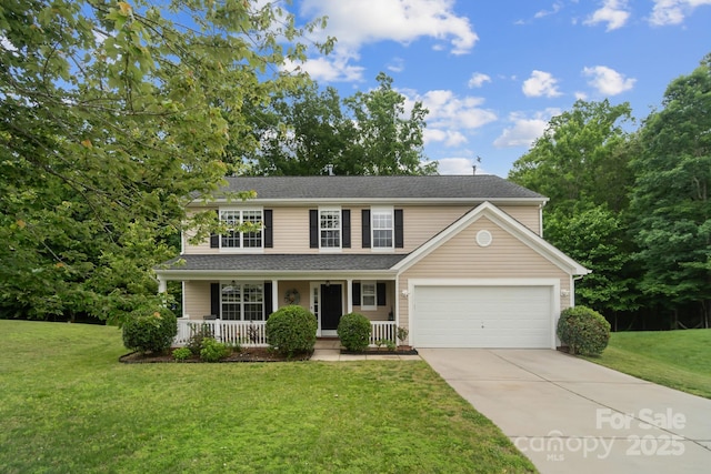 4002 Paddle Wheel Ln, Indian Trail, NC 28079 - traditional-style home featuring a porch, concrete driveway, a front lawn, an attached garage, and a shingled roof