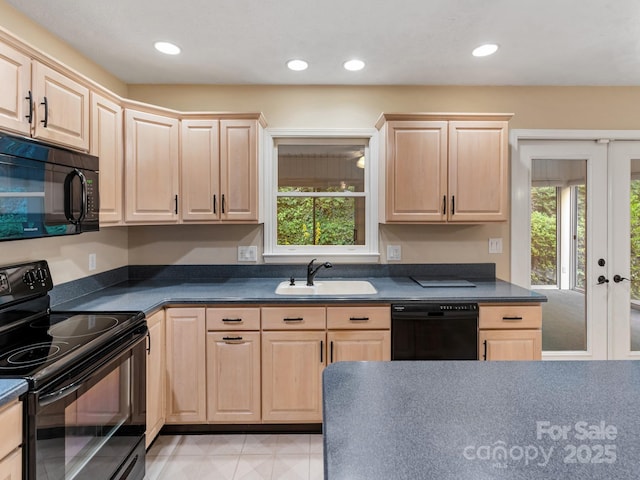 18 Westbridge Dr, Hendersonville, NC 28739 - kitchen featuring black appliances, light brown cabinetry, a sink, dark countertops, and recessed lighting