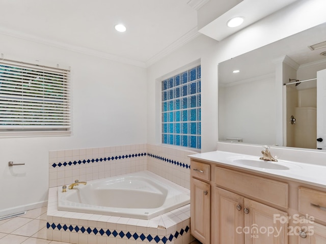 18 Westbridge Dr, Hendersonville, NC 28739 - bathroom featuring a garden tub, crown molding, vanity, recessed lighting, and tile patterned floors