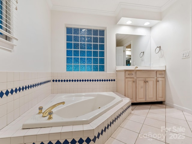 18 Westbridge Dr, Hendersonville, NC 28739 - bathroom with ornamental molding, a bath, vanity, tile patterned flooring, and baseboards