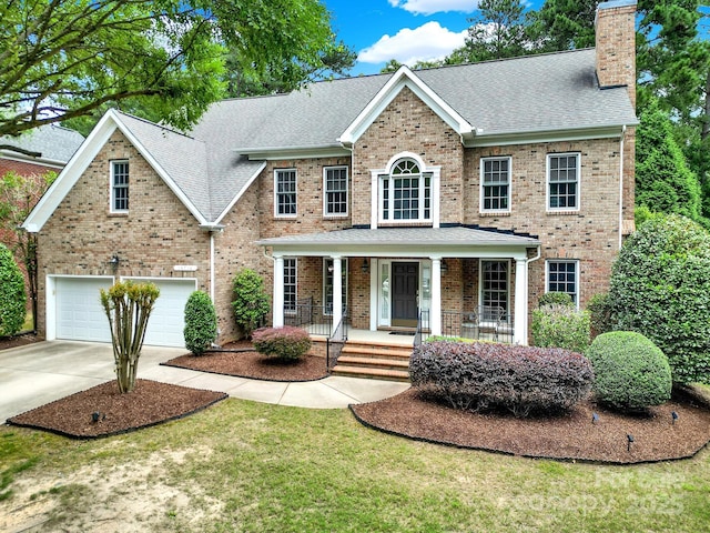 16714 Hammock Creek Pl, Charlotte, NC 28278 - view of front facade with a chimney, driveway, a porch, an attached garage, and a shingled roof