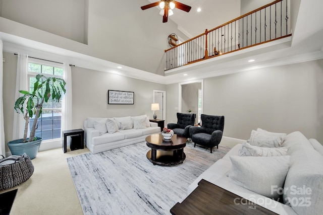 16714 Hammock Creek Pl, Charlotte, NC 28278 - carpeted living room with high vaulted ceiling, a ceiling fan, recessed lighting, and baseboards