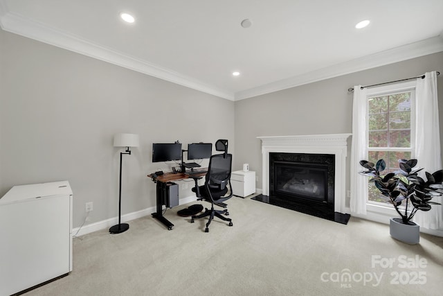16714 Hammock Creek Pl, Charlotte, NC 28278 - carpeted office with a premium fireplace, ornamental molding, recessed lighting, and baseboards